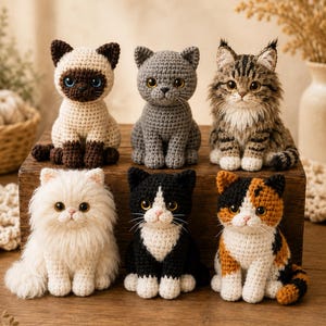 May include: Six crocheted cat figurines arranged in two rows. The top row features a Siamese, a solid gray cat, and a long-haired tabby. The bottom row includes a long-haired white cat, a black and white tuxedo cat, and a calico cat with orange patches.
