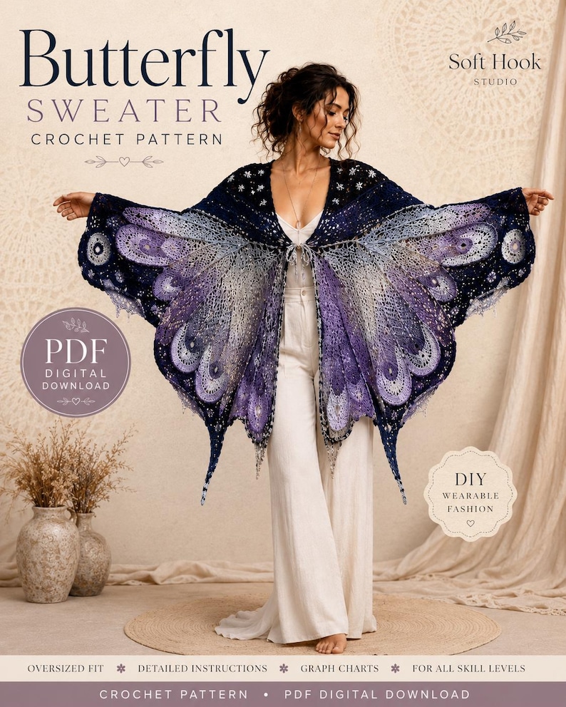 Butterfly Wings Crochet Cardigan Pattern PDF, Beginner Wing Sweater, Handmade Crochet Fashion image 8