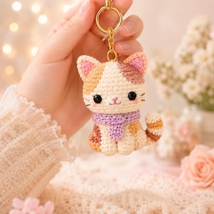 May include: A crocheted calico cat keychain featuring a cream, tan, and brown yarn body with a lavender scarf. The cat has black plastic eyes, embroidered pink cheeks, and a small pink nose. It is attached to a gold-toned metal ring and chain.