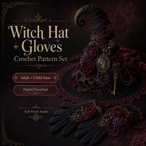 Witch Hat and Gloves Crochet Pattern Set, Gothic Halloween Costume Bundle, Adult Child Sizes, Digital Download