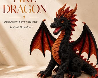 Häkelanleitung für einen Feuerdrachen (PDF), Fantasy-Amigurumi-Plüschtier, Stofftier zum sofortigen Download