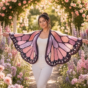 May include: A crochet shawl designed to resemble butterfly wings in shades of pink, lavender, and dark purple. The garment features a scalloped edge with intricate stitch patterns and a dark border, worn over a white tank top and white pants.
