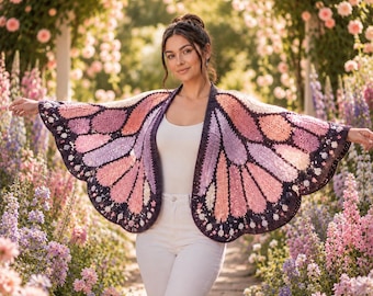 Monarch Butterfly Cardigan Crochet Pattern PDF, Oversized Wing Sweater, Nature Fashion DIY