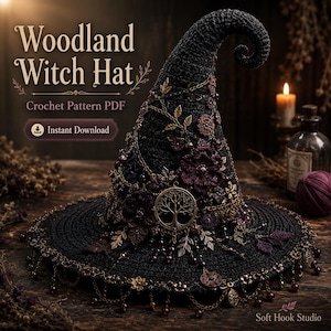 Enchanted Woodland Witch Hat Crochet Pattern PDF, Cottagecore Fantasy Accessory, Witchcore Decor, Instant Download