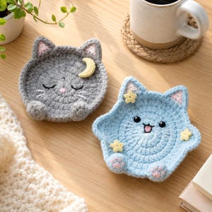 Cat Coaster Crochet Pattern PDF, 2-in-1 Amigurumi Tray Decor, Kawaii Tea Mug Mat, Desk Organizer