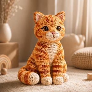 Puede incluir: Un peluche de gato atigrado naranja hecho a ganchillo con rayas de color naranja oscuro, pecho y patas de color crema, grandes ojos marrones, una pequeña nariz rosa y orejas puntiagudas. El gato está sentado con la cola enroscada a un lado.