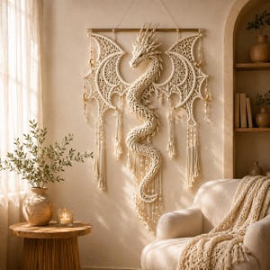 May include: A cream-colored macrame wall hanging featuring a detailed dragon design with intricate knotted wings and a long, winding tail. The piece is suspended from a wooden rod and decorated with hanging tassels, beads, and small moon charms.