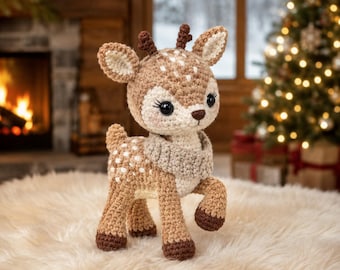 Häkelanleitung für ein Reh mit Blumenkranz, Kawaii-Rehkitz-Amigurumi-Plüschtier, niedliches Waldtier-Spielzeug fürs Kinderzimmer (PDF)