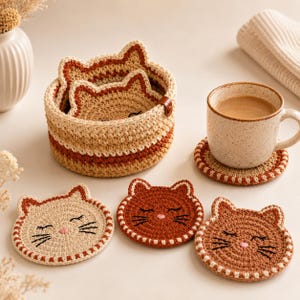 Cat Coasters With Holder Crochet Pattern, Cute Kitty Cup Mat Set, Basket Organizer, Coffee Table Decor PDF