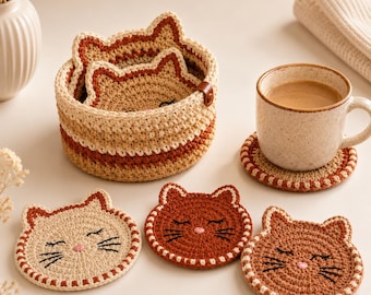 Cat Coasters With Holder Crochet Pattern, Cute Kitty Cup Mat Set, Basket Organizer, Coffee Table Decor PDF