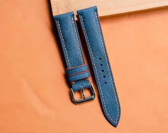 Handgefertigtes Uhrenarmband aus gewachstem Leder in blau