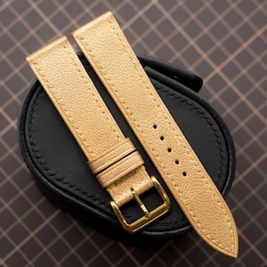 Handcrafted Alran Goatskin Watch Strap, Metallic Gold Leather Band, Custom Fit