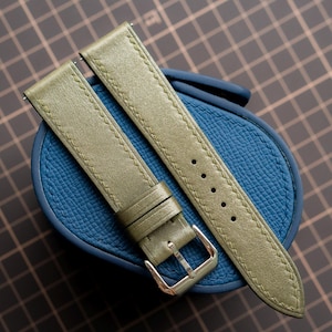 Olivgrönt pull-up-läderarmband, platt vintagearmband, handgjort, ton-i-ton-sömmar