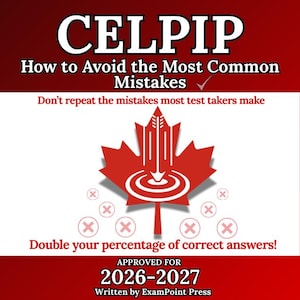 Op de afbeelding: Boekomslag met de titel "CELPIP" in witte letters op een rode achtergrond. De omslag toont een rood esdoornblad met een doelontwerp en de tekst "How to Avoid the Most Common Mistakes". De tekst "Double your percentage of correct answers!" is ook opgenomen.