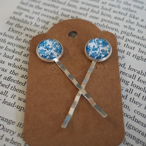 Set of 2 Blue and White Glass Dome Bobby Pins/ Hair Clips Blue China design