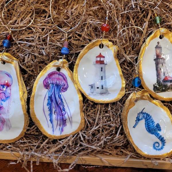 Oyster Shell Ornaments/ Sea Life Ornaments/ Light House Jellyfish Sea horse