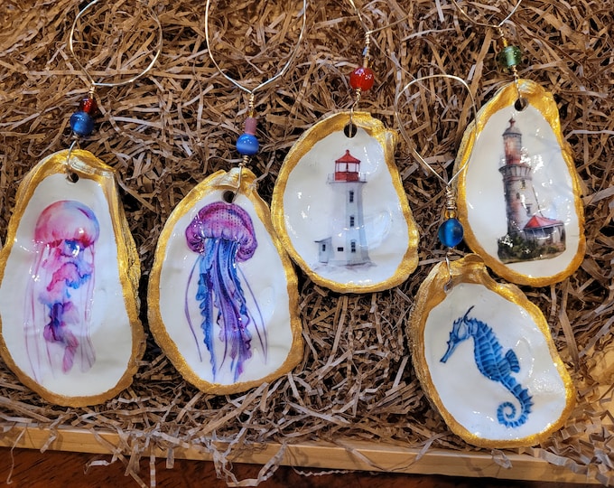Oyster Shell Ornaments/ Sea Life Ornaments/ Light House Jellyfish Sea horse