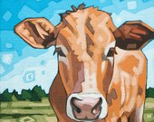 Cow in Meadow - Art Print, 8" x 8"