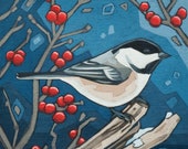 Bird Art Print, 8" x 8" - Chickadee and Berries