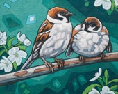 Bird Art Print, 8" x 8" - Sparrows and Blossoms