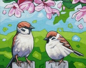 Bird Art Print, 8" x 8" - Sparrows Beneath the Flowers