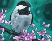 Bird Art Print, 8" x 8" - Chickadee and Blossoms