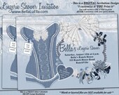 Lingerie Shower Invitation, Bachelorette Party, Bridal Shower, Corset Invitations, Burlesque Invitations, Denim Lingerie Shower Invitation