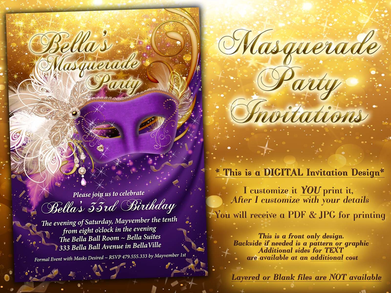 Masquerade Party Invitation, Mardi Gras Party, Quinceanera Party Invitations, Birthday
