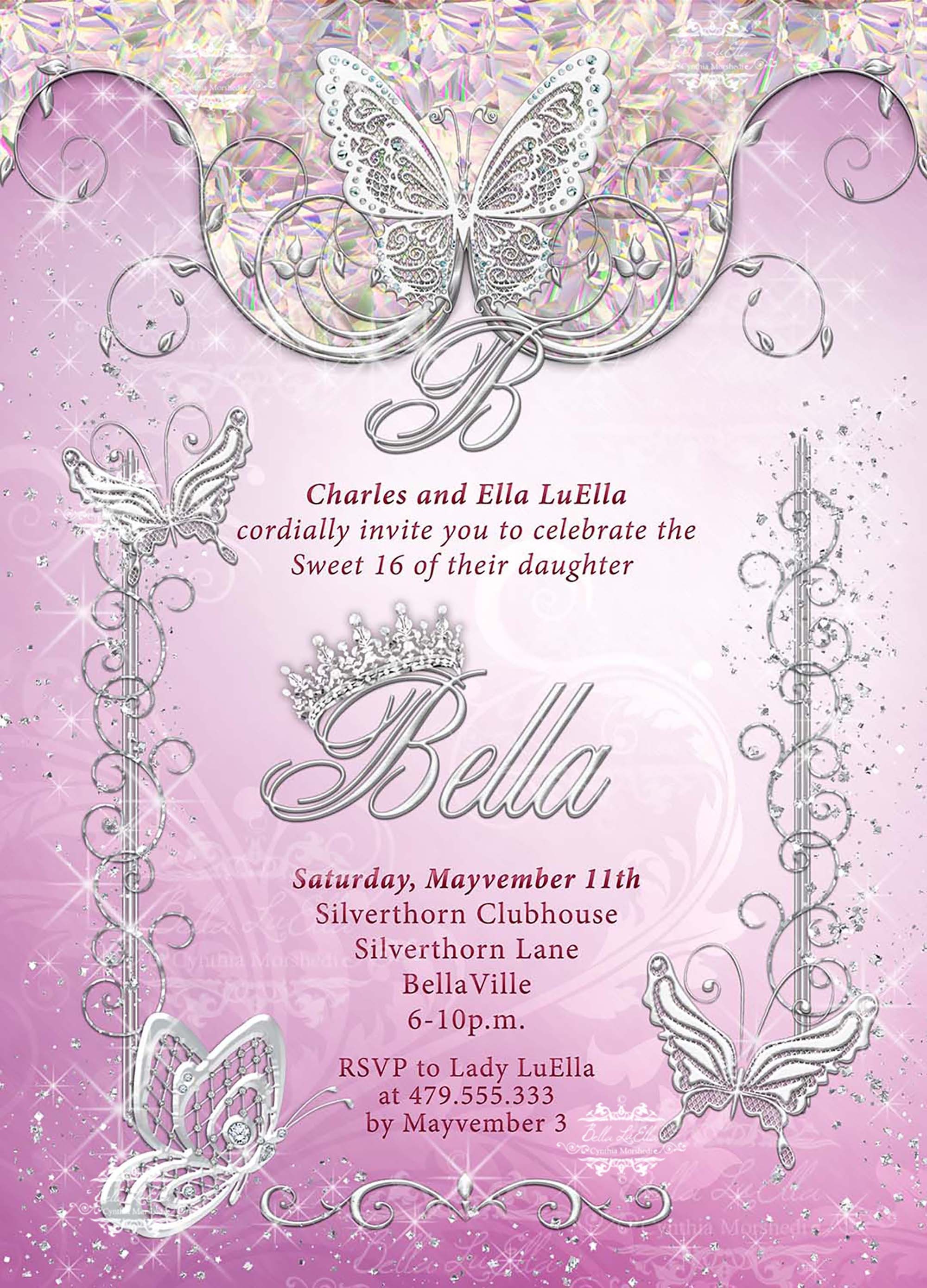 Pink Butterfly Princess Party Invitation, Butterfly Tiara Sweet 16, Mis