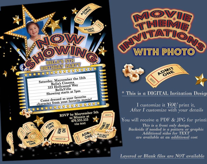 Movie Viewing Party, Photo Movie Theatre Invitation, Photo Movie Birthday Party, Movie Night Invitation