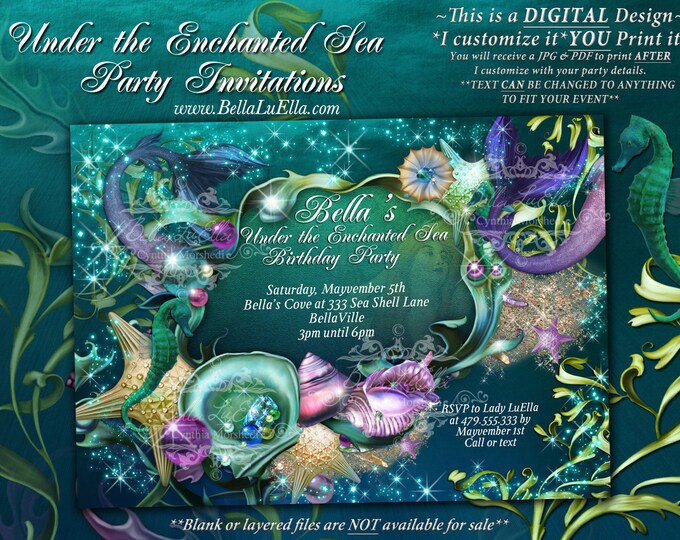 Mermaid, Mermaid Invitations, Mermaid Party, Under the Sea Invitations, Enchanted Seas, Starfish Bling, Shells and Tails, Pool Party