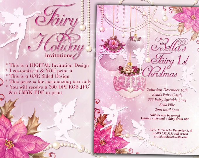 Fairy Holiday Card Invitations, Fairy Christmas Party Invites, Victorian Holiday Party Invitations, Pink Victorian Christmas Holiday Party