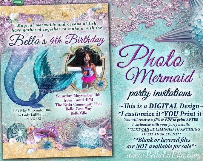 Mermaid Party Photo Invitation, Mermaid Party, Under the Sea Pool Party, Photo Seashell Mermaid Bling, Starfish Shells Mermaid Tales