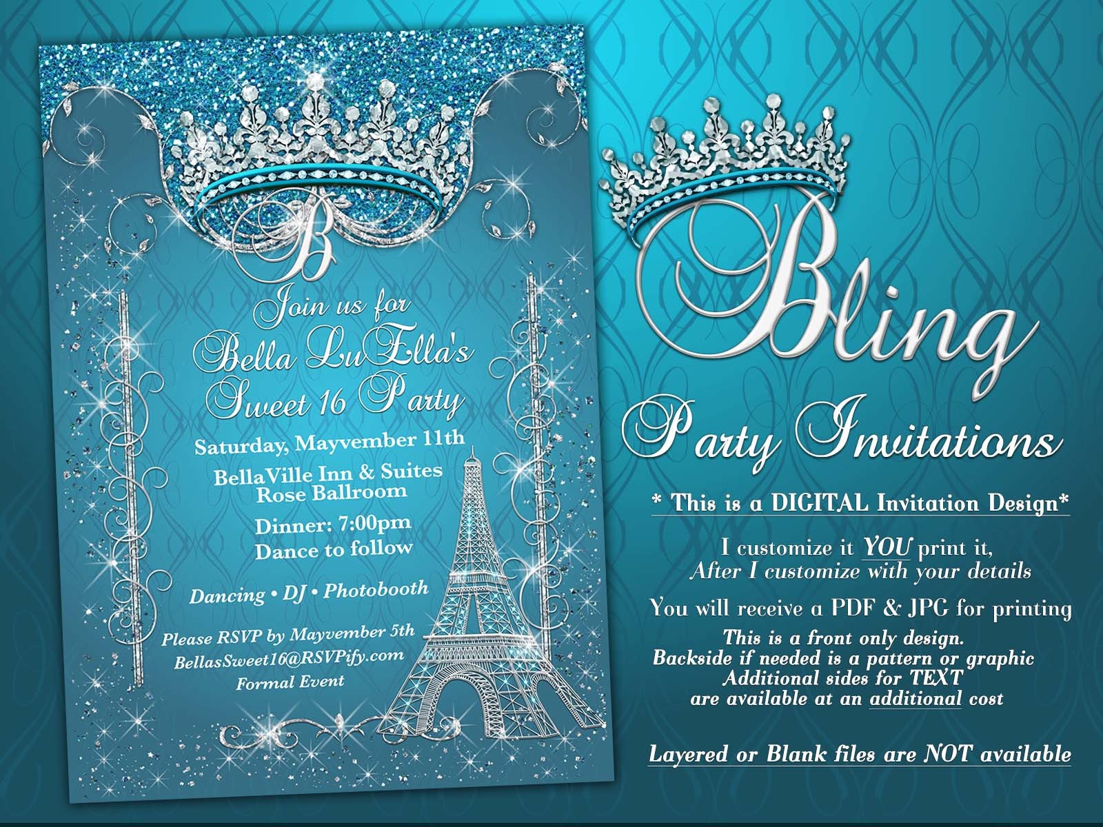 Paris Bling Invitation Sweet 16 Invitation Quinceanera Paris