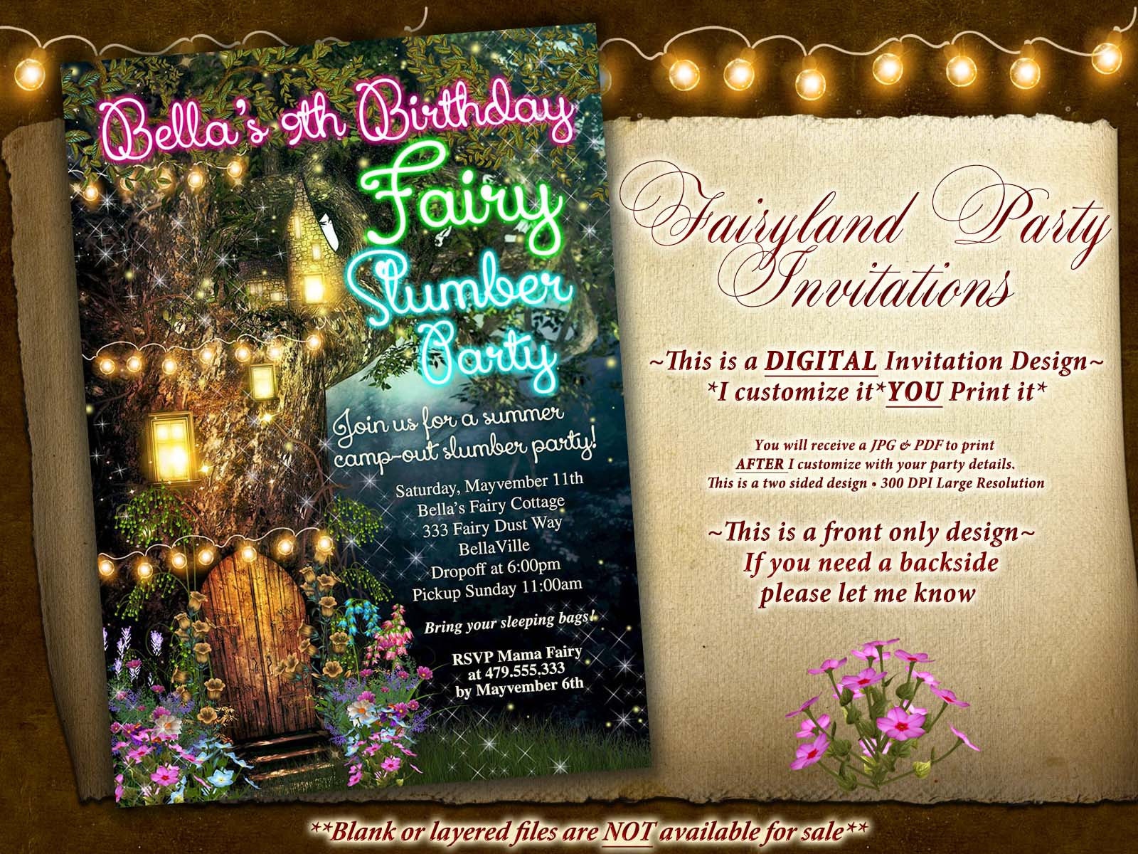 Fairy Slumber Party Pajama Birthday Party Invitation Sleepover