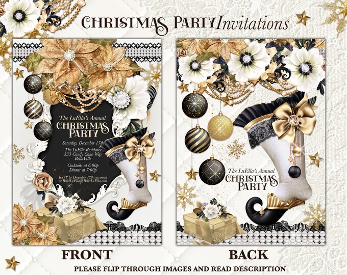 Holiday Party Invitations, Glam Christmas Invitations, Posh Holiday Dinner, Gold White Christmas