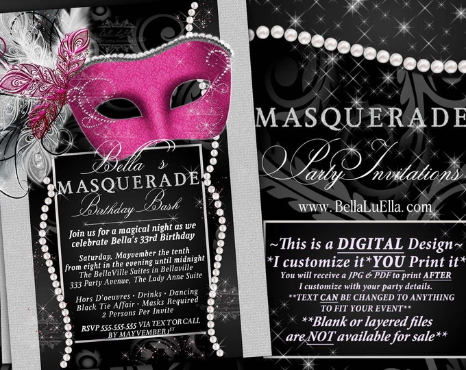 Masquerade Party Invitation, Mardi Gras Party, Masquerade Invitations, Mis Quince Anos, Masquerade Sweet 16, Pink Black Bling Pearl Diamond