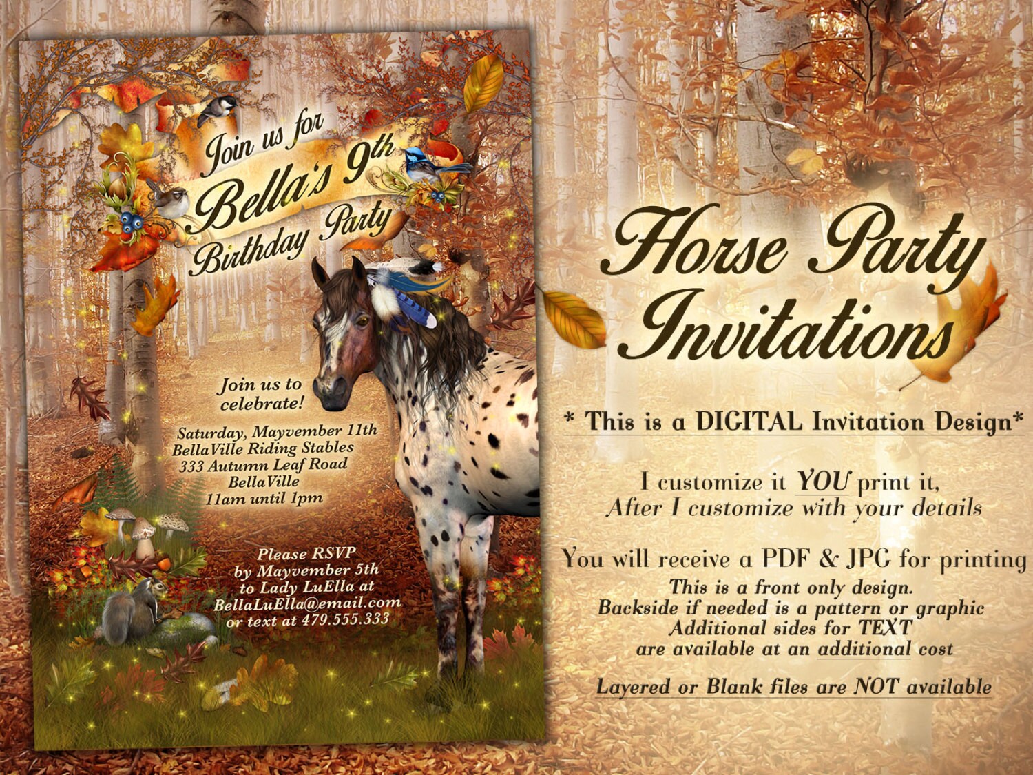 Autumn Horse Birthday Party Invitation, Fall Horse Card, Pony Party  Invitations, Horse Birthday Party Invitation
