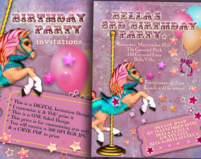 Carousel Horse Birthday Invitations, Birthday Party Invitations, Carousel Party, Carousel Shower Invitations