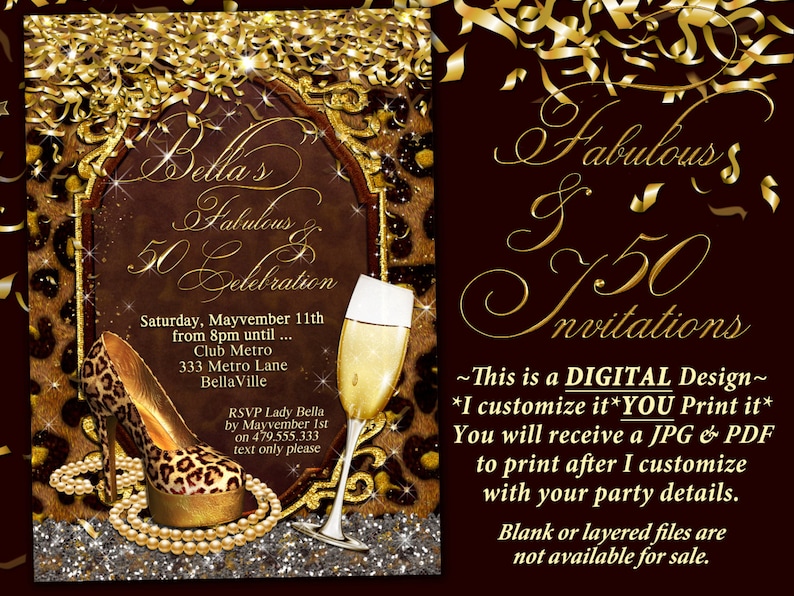Fabulous And Fifty Party Invitations Diva Birthday Birthday Etsy