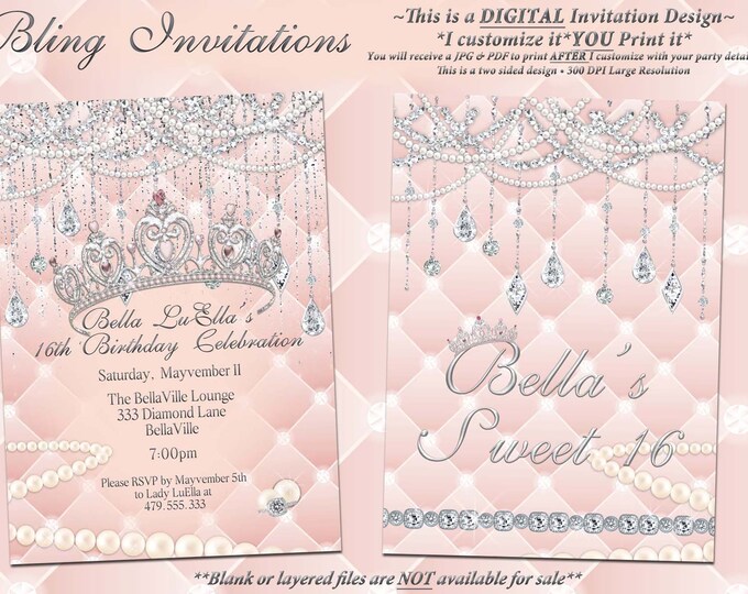 Diamond and Pearl Invitation, Birthday, Sweet 16 Invitation, Quinceanera, Bling Party Invitations