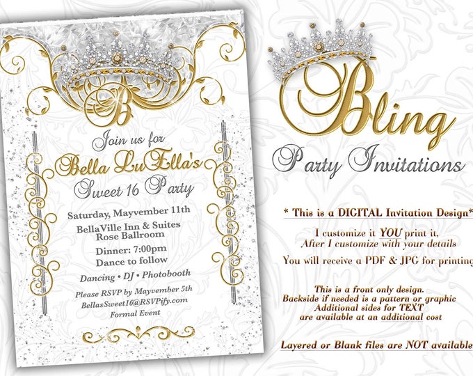 Bling Diamond Party Invitations, Quinceanera Invitation, Party Invitations, Sweet 16 Party, Mis Quince Anos, White Gold Diamond Bling Theme
