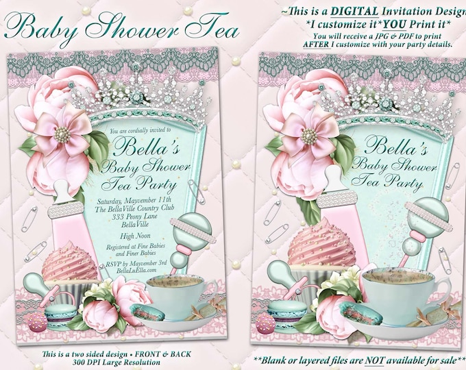 Peony Pink Mint Baby Shower Tea Party, Floral Jewel Tea Party Baby Shower, Baby Shower Tea Party