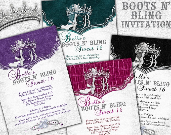 Boots Bling Sweet 16, Sweet 16 Invitations, Western Birthday Invitations, Charra Quince