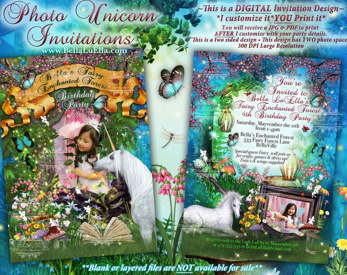Photo Unicorn Birthday Card, Fairy Unicorn Card, Unicorn Party, Unicorn Invitations, Fairies and Unicorns, Photo Birthday Fairy Forest