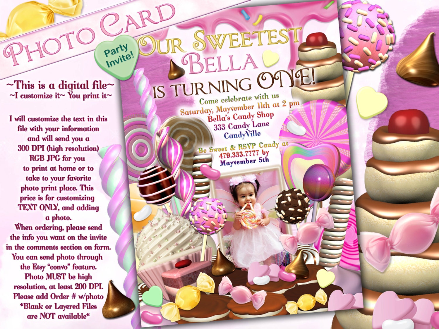 Photo Card Candy Land Photo Invitation Birthday Party Etsy Israel