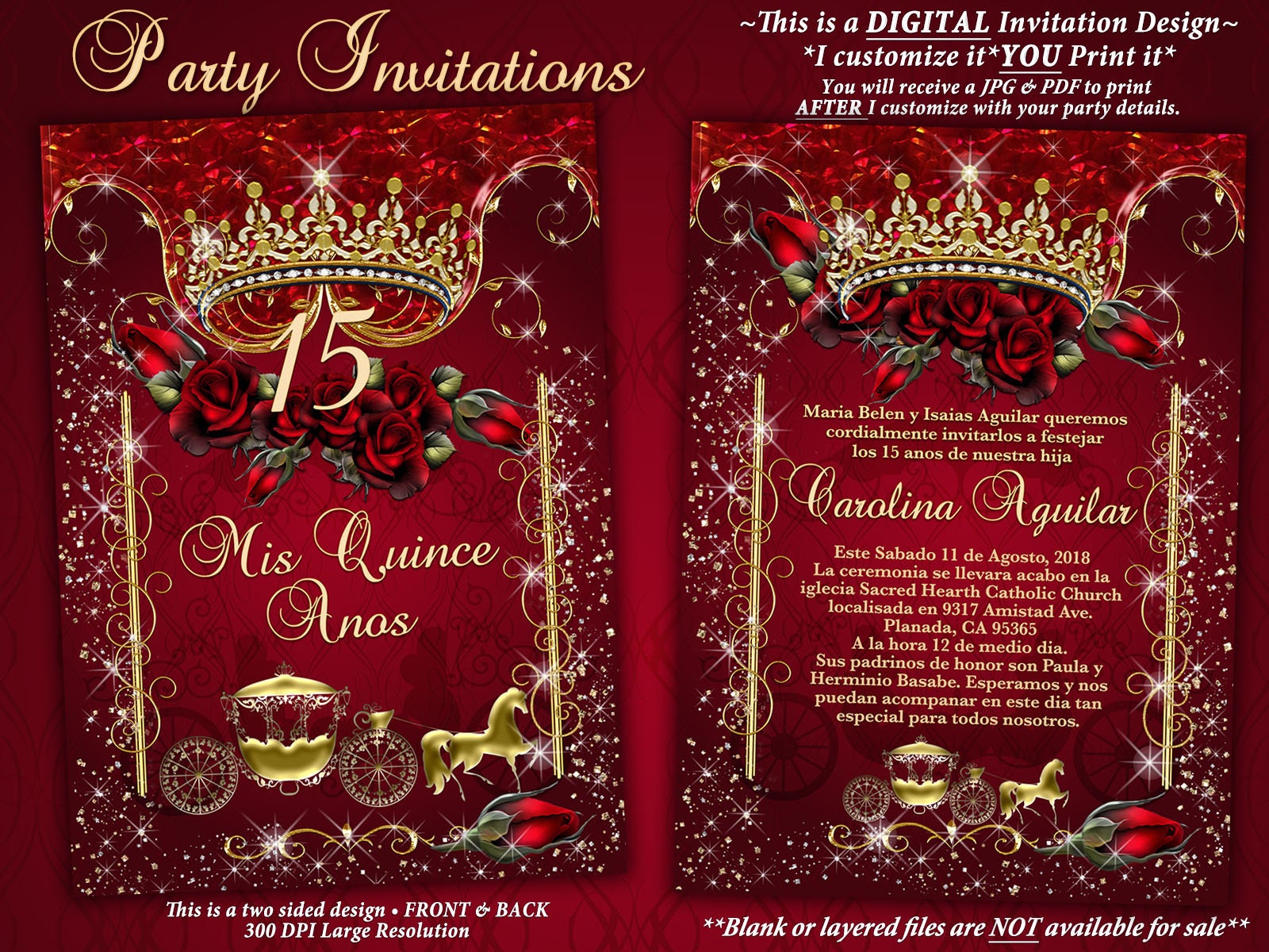 Red Rose Tiara Gold Carriage Invitation, Quinceanera Invitation, Birthday Party Invitations