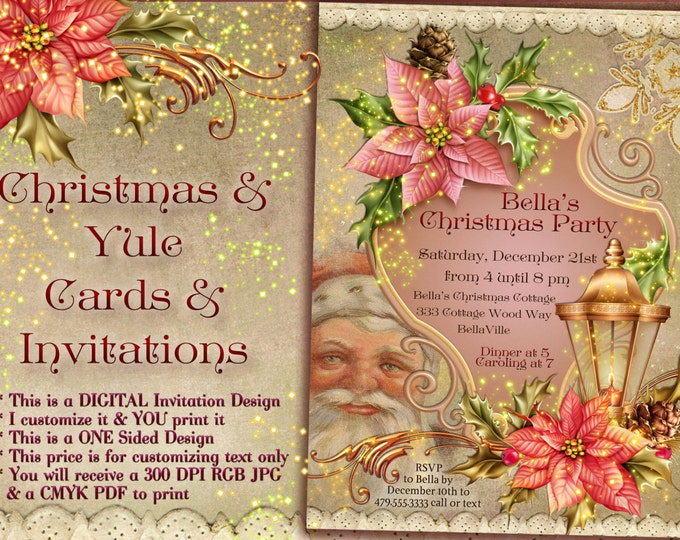 Christmas Card Invitations, Santa Christmas, Victorian Christmas Party, Victorian Santa Card