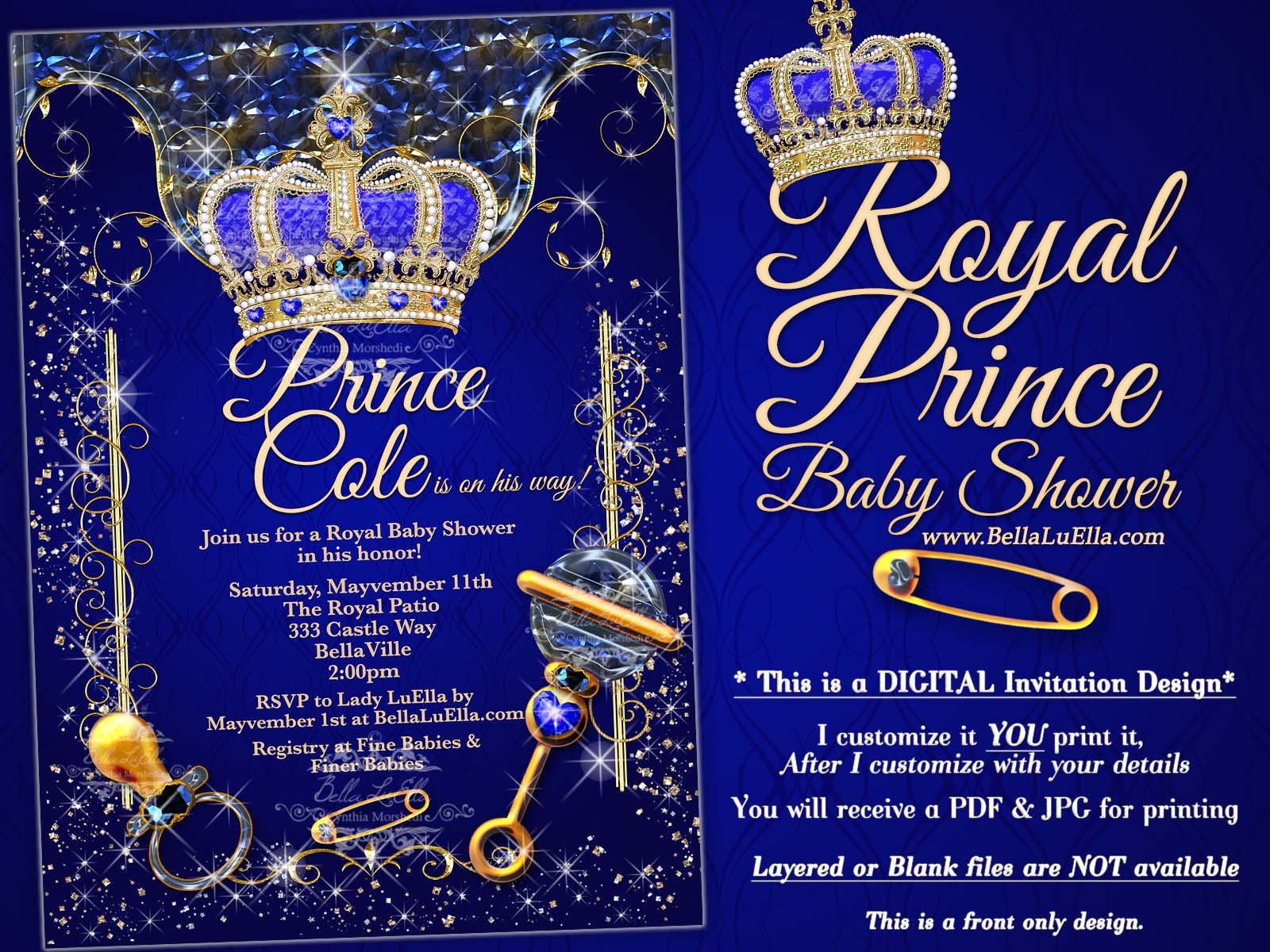 Crown DIY Printable Royal Blue & Gold Prince Prince Baby Shower Invitation African American Baby Shower Invitation