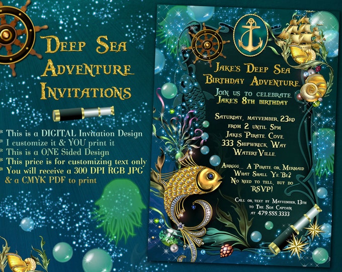 Pirate Party Invitations, Underwater Sea Adventure, Under the Sea Invitations, Sea Life Invitations